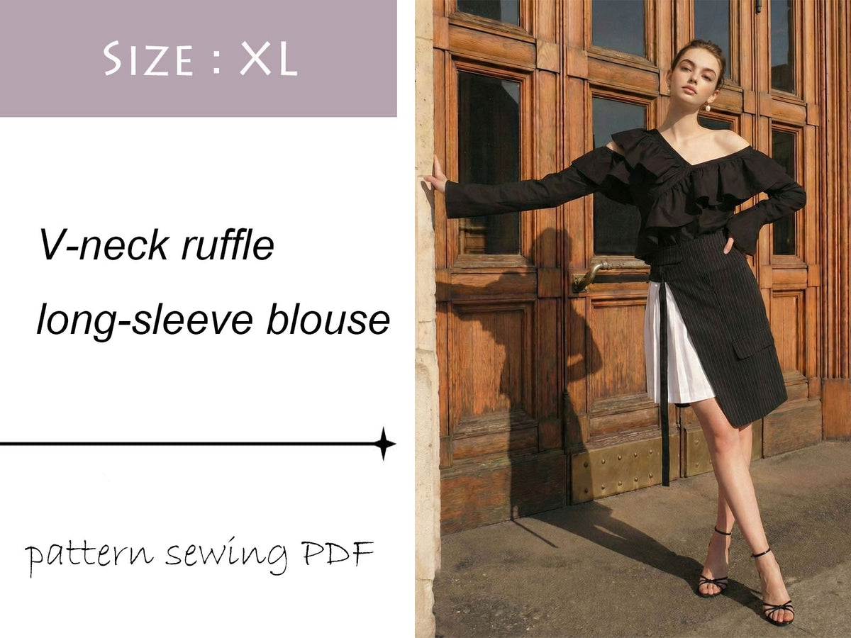 Blusa de manga larga con cuello en V y volantes Descarga digital de patrón de costura en PDF DIY Tamaño XL-3XL
